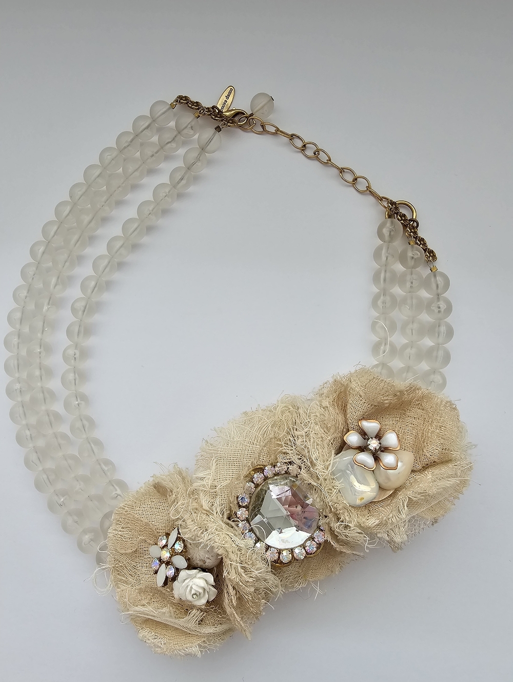 Lenora Dame Mixed Media Statement Necklace Frosted Beads & Linen Rosettes